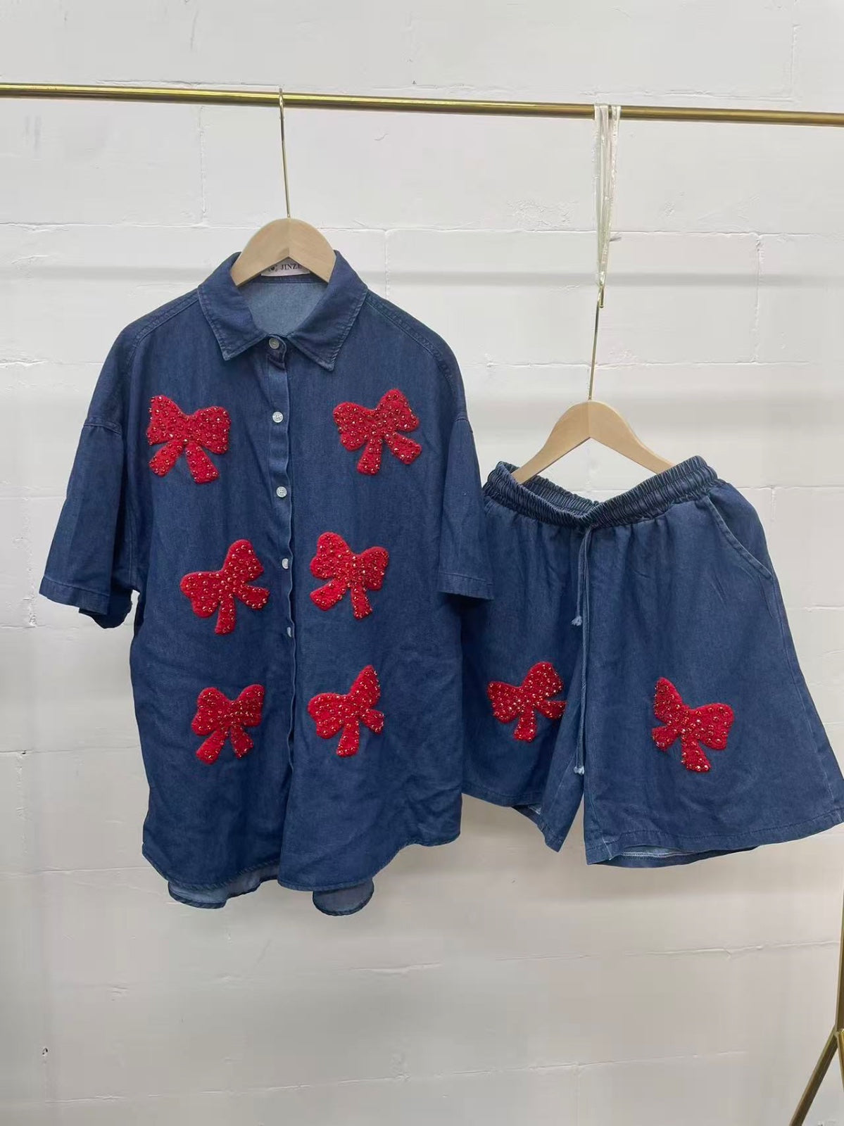 Red bow denim 2piece short