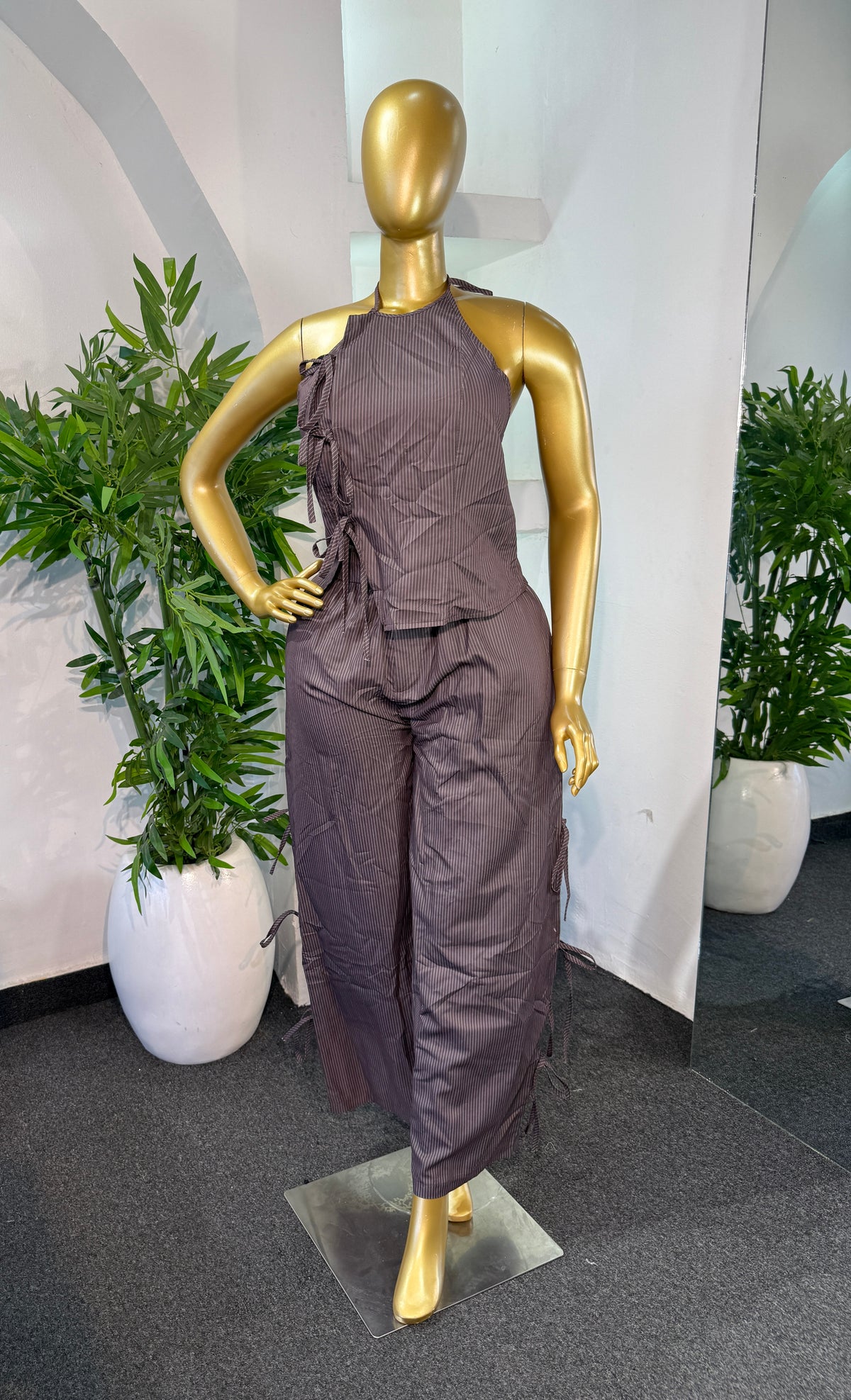 PINSTRIPE HALTER TOP & WIDE LEG TROUSER SET