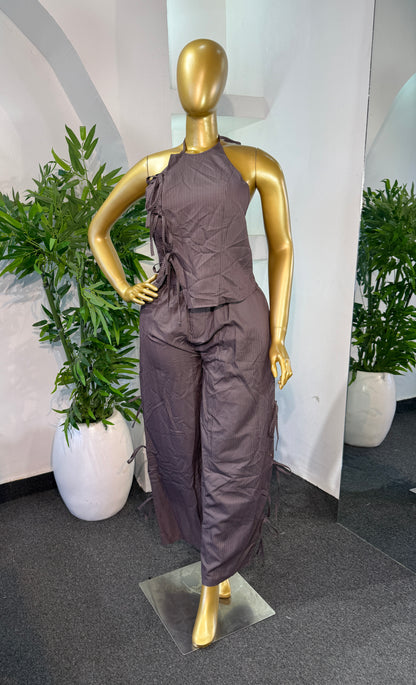 PINSTRIPE HALTER TOP & WIDE LEG TROUSER SET