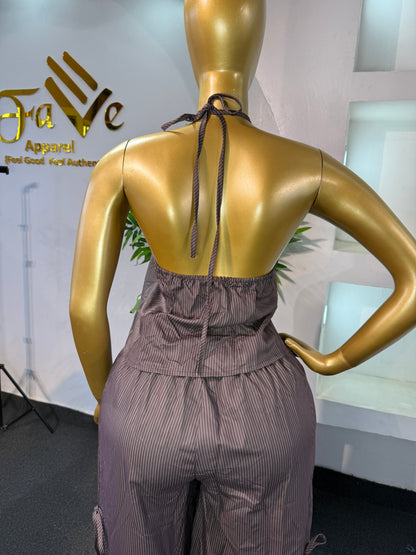 PINSTRIPE HALTER TOP & WIDE LEG TROUSER SET